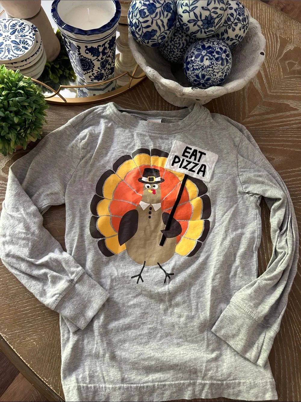 Gymboree Kids Gray Long-Sleeve Thanksgiving Turkey Graphic Holiday Tee Eat Pizza